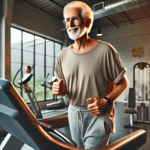 An elderly person walking on a treadmill for improved health and mobility.
